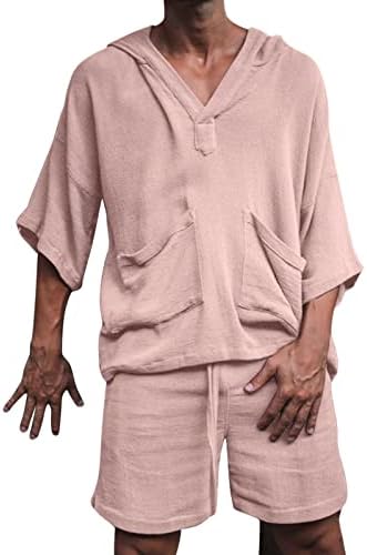 Сива постелнина кошула Менс пролетен летен летен сет Хаваи Плажа памук Постелнината половина ракав сет со качулка со двојни џебни