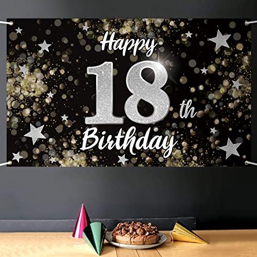 Нелбирт Среќен 18-Ти Роденден Црна &засилувач; Сребрена Ѕвезда Голем Банер-Навива За Осумнаесет Години Роденден Дома Ѕид Фотопроп Позадина,18-Ти