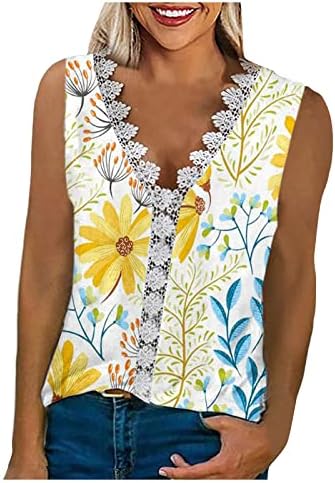 Cucuhamенски моден елек на Cucuham Удобно секојдневно чипка V-вратот со цврста боја Гроздобер печатење на маица без ракави на врвот