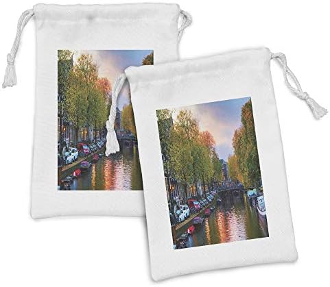Амбесон Холандска Торбичка За Ткаенини Од 2, Фотографија Од Реката Амстел Од Градот Амстердам Со Мали Чамци И Мостови Навечер,