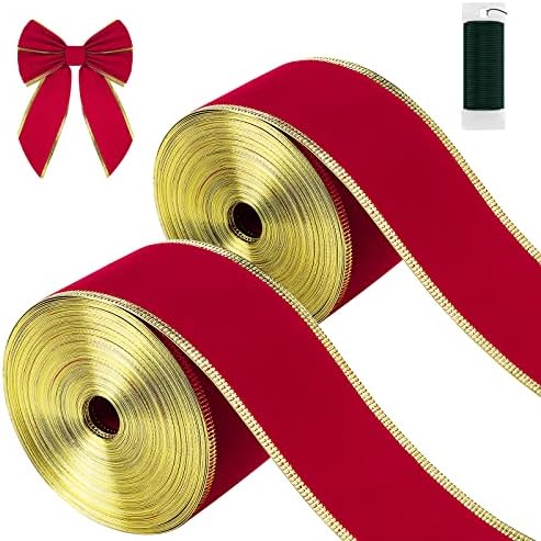 ADXCO 2 Пакувајте Црвена Божиќна Лента Со Жичен Раб Кадифена Лента ЗА Занаети ЗА Завиткување Подароци Сам Украси СО Цветна Жица,