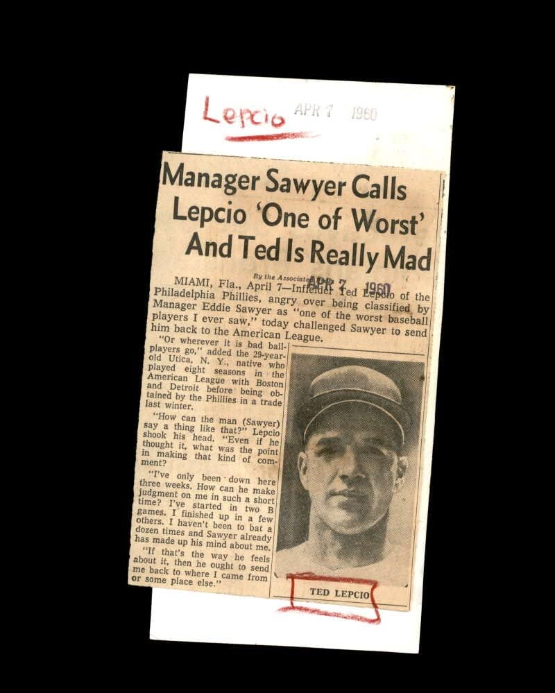 Тед Лепсио потпиша 1960 година 3х6 Детроит Тигерс Оригинална жица Фото Автограм