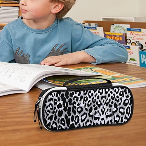 Црн и бел леопард печати со висок капацитет за молив за молив, преносен носат торбичка за шминка, торбичка за складирање со патент