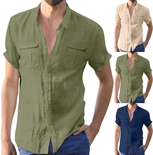 Кошули со постелнина XXBR за мажи, летно копче за краток ракав надолу со двојни џебови маица опуштена вклопена лабава плажа врвови