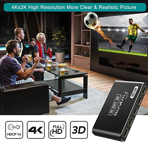 Movcle HDMI Splitter 1 во 4 надвор, 4K HDMI Splitter за двојни монитори/огледало, поддржува 4KX2K@30Hz 3D Full HD 1080P за Xbox PS4