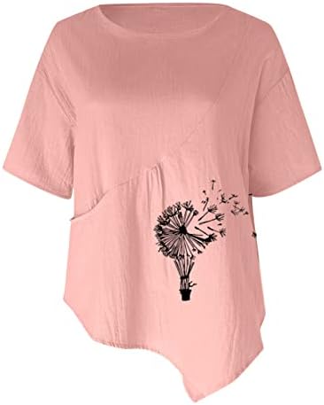 Женски памучни постелнини врвови, обични кратки ракави за пргав од глуварче, графички маици, лабави тркалезни џебови на вратот, блузи