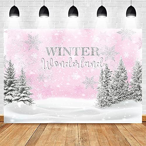 Моксичка розова зимска земја на чудата Зимска девојка роденденска позадина розови сребрени снегулки зимска забава торта табела