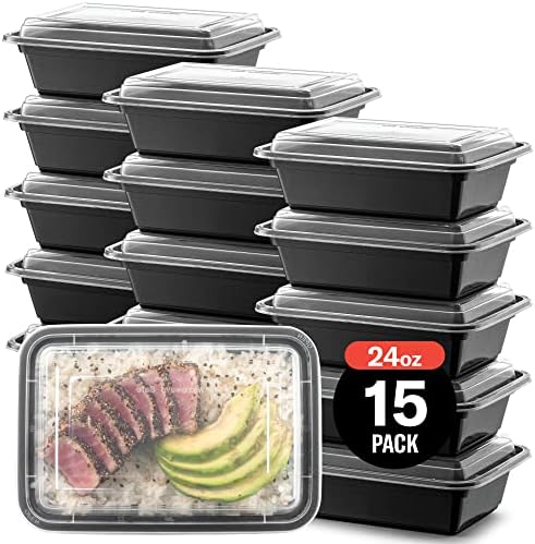 15-пакет оброк првично пластични микробранови на храна контејнери за оброци за оброци и капаци. Црна правоаголна кутии за ручек за складирање