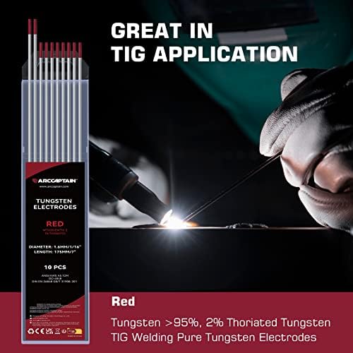 Arccaptain Tig Tungsten, Tig заварување на волфрам Електрода црвена 2% ториран 10-пакет 1/16 x 7 10-пакет