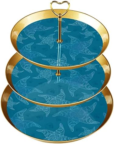 Dragonbtu 3 Tier Cupcake Stand со златна шипка пластична нивоа на десерт кула Towrвездички шема океански сини овошни бонбони приказ