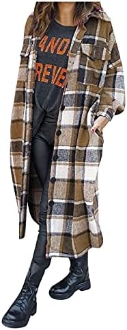 Женска карирана јакна со долги ракави Shacketwool мешавина палто јакни палто долго копче надолу случајно момче фланел кошули