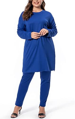 Плус големина на две парчиња облека за жени џогер поставува врвови со долги ракави, панталони со цврста боја, цврсти сетови за