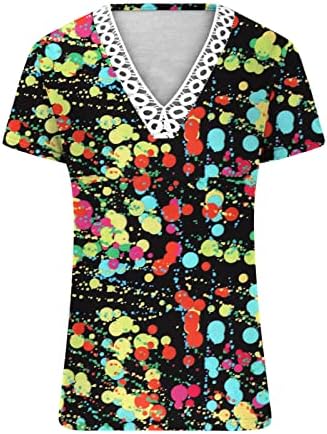 Women'sенски мода лето печатено чипка со чипка V-вратот на блузи врвни кратки ракави, обични лабави кошули Топ