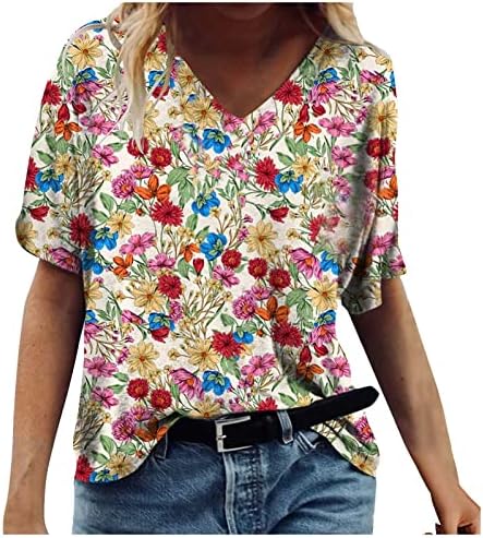 Девојки кошула со кратки ракави екипа со кратки ракави длабоко V вратот памук цветна графичка лабава вклопена cyberpunk Топ маица