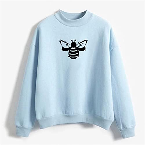 Oplxuo жени симпатична пчела графичка печатена маичка модна обична кошула врвови со долг ракав, потсмев на вратот цврст пулвер