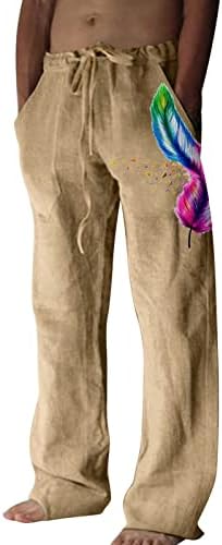 Машки памучни постелнини панталони лето опуштено вклопување обични панталони печати еластична половината целосна должина обични атлетски панталони