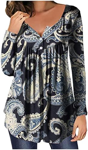 Womenените ласкајќи долги туники четвртина копче на врвови, обичен фустан, скриена кошула за стомакот Индиски етнички Пајсли Хенли блуза