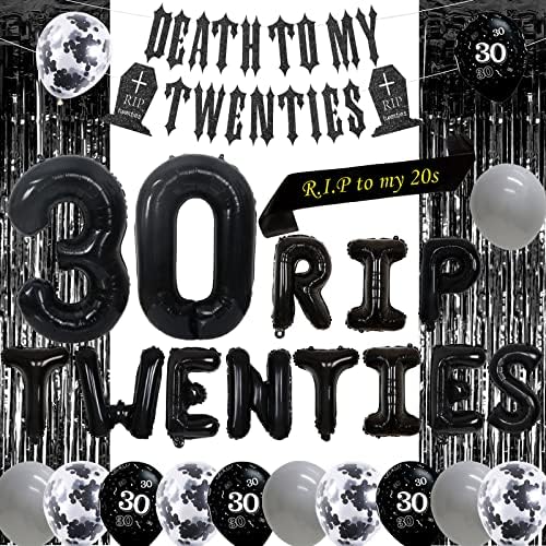 30 -ти роденденски украси за жени или мажи Црн рип дваесетти балони, смрт на мојот транспарент на дваесетти години, рип до моите 20 -ти години