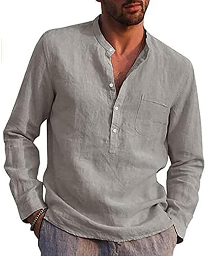 Постелни кошули за мажи дизајнер летни машки обични памучни постелнина цврста боја со долги ракави кошули лабави кошули со јака