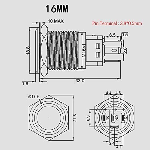 Yijia 16mm 19мм метал моментално копче на копчето за притискање од не'рѓосувачки челик 1NO 1NC 2NO 2NC Копчиња за напојување за напојување