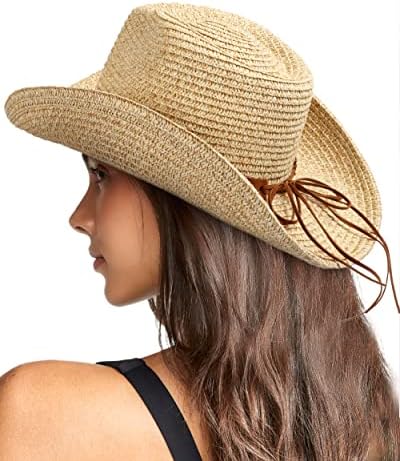 Womenените слама сонце капа за мажи каубојски стил градина upf 50+ широка летна капа со ветерници