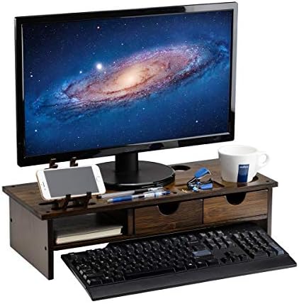 Abocofur Bamboo 2-Tiger Monitor Stand Riser со фиоки за складирање, Организатор за канцелариски и домашни полици со лаптоп десктоп за печатач