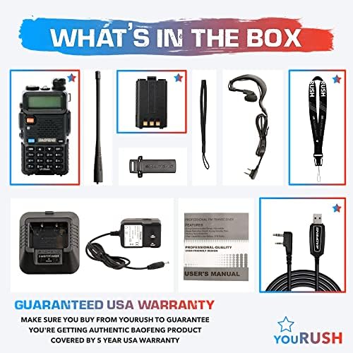Youush UV-5Rush 8W 2 Way Dual Band Radio-Напредно радио Baofeng UV-5R со продолжено BL-5 2800MAH Батерија и програмски кабел и држач за торбичка