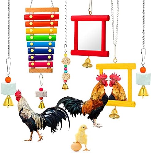 6 парчиња кокошки играчки за пилешко за кокошарник, играчки за пилешко огледало со bellвонари, играчка со пилешко ксилофон со 8 метални