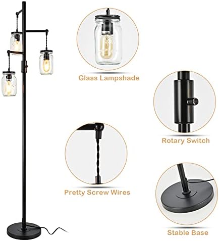 Labобни индустриски подни ламби - модерна стоечка ламба за дневна соба со 3 чисто стакло, 64 '' asonидарски тегла Елегантна подна светлина за