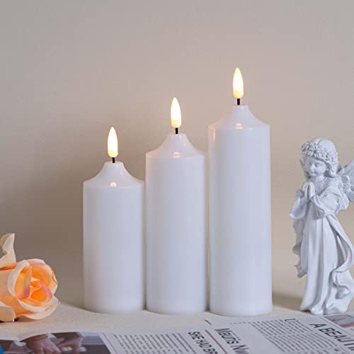 Мавандес безмилотни свеќи со столб со далечински, бело LED треперење батерија управувана со пластичен тајмер 3Д-Вик сет од 3 свеќи