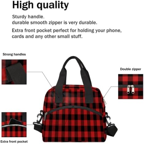 Карирана црвена темна изолирана торба за ручек за жени/мажи кутија за ручек со прилагодлива и отстранлива ладилна торба за ладилнини за момчиња