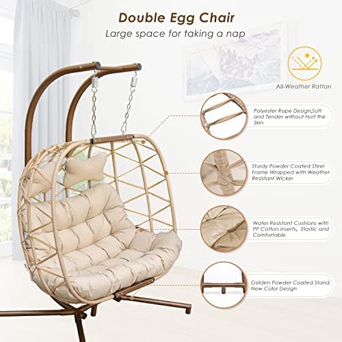 Nicesoul® Двоен замав јајце стол со штанд голем 2 лица затворено на отворено плетен внатрешен двор Близнаци корпа за закачување