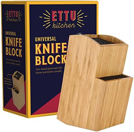 Блок со универзален нож од бамбус - Екстра голем двостепен дрвен држач за ножеви, организатор и држач - Погодно безбедно складирање за големи