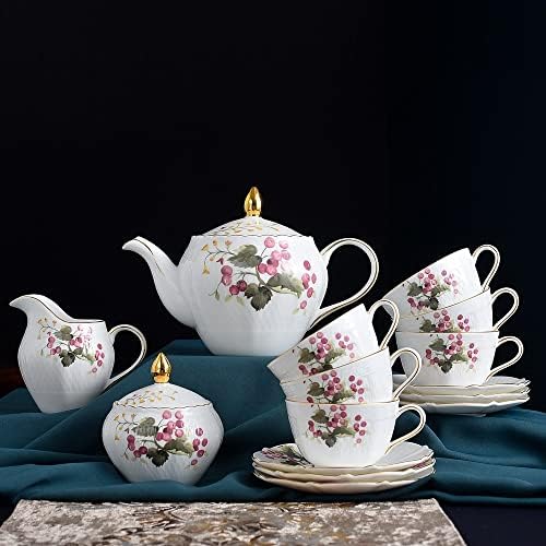 Wjccy 15 парчиња Златен раб за олеснување керамика розова боја цреша кафе сетови со чајник керамички чајник и сет на чаши