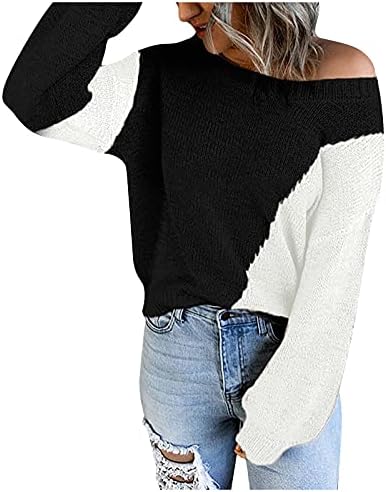 QXDLDHT Women'sенски плетен џемпер Неправилен блок во боја надвор од рамо, лабава блуза Sherpa Pulverover Hoodie Sweatshirt Flucky