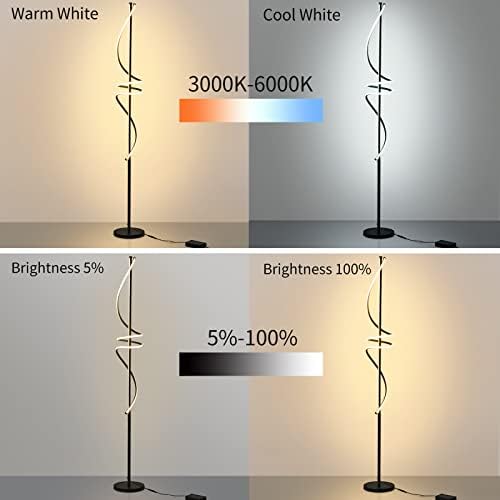 Powrol модерна LED подни ламби за дневна соба, 68 инчи спирална подна ламба со далечински управувач 48W 3 Температура на бојата затемнета