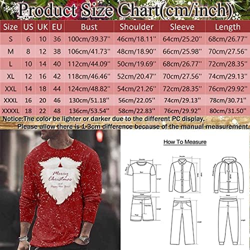 ZDDO Божиќни маици со долг ракав за мажи, XMAS 3D Graphic Santa Claus Print Crewneck Tee Tops Party Sports Sports Tut