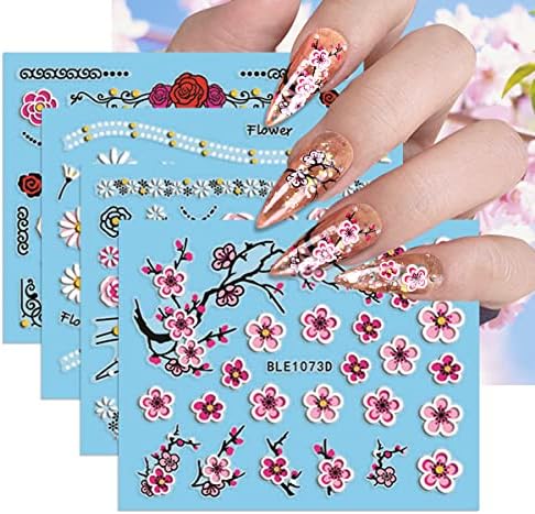 Цветни нокти налепници за уметност Декларации за цвеќе за нокти 12 чаршафи 3Д само-лекари за украсување на ноктите цвет цвет сакура лажен