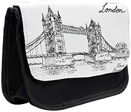 Необичен случај на молив во Лондон, мост за кула во стил на скици, торба со молив со ткаенини со двоен патент, 8,5 x 5,5, црно -бело