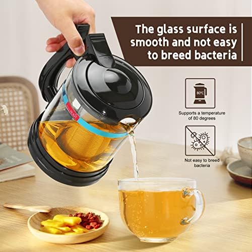 Стаклен чајник, 56oz/1600ml чајник со отстранлив инфузер за цветање чај и лабав чај од лисја, филтер од не'рѓосувачки челик, безбедна машина