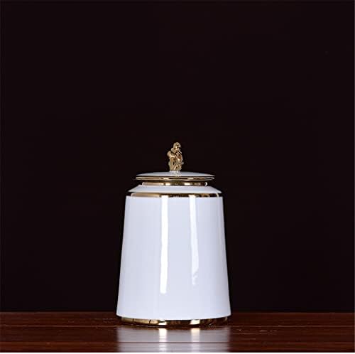Тегла за складирање на вазни со бела застаклена керамичка тегла со капацички занаетчиски украс златна рачка чај тегла Јар