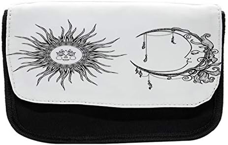 Необичен скицичен молив случај, знак на сонце и месечина, торба со молив со ткаенини со двоен патент, 8,5 x 5,5, бело и црно