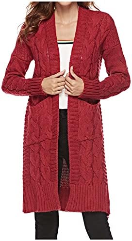 Џемпер од dnuri, кардиган женски бучен плетен кабел, пад од долги ракави палто, цврсто плетено отворено предно палто со џеб