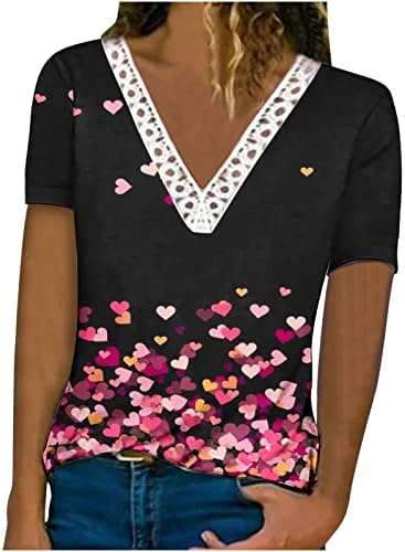 Лето 2023 година Цветни печатени врвови за жени Капчиња чипка исецка V вратот кошули со кратки ракави маички Обични блузи туниќ
