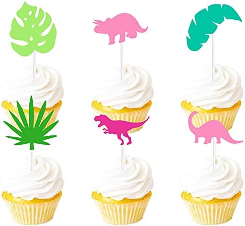 18 парчиња розова зелена сјај на природата Десерт за кекс со кекс, диносаурус тема декор, туш бебе момчиња девојки среќен роденден летни