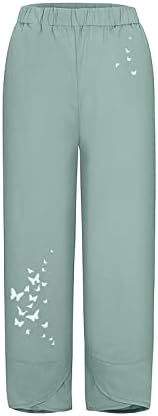 Удобни панталони со капри за жени широки нозе со високи половини памучни ленери трендовски летни цврсти панталони со плажа со џеб