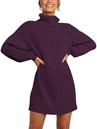 Фустан од џемпер од Xinshide за жени обични тешки лакови од балон, пулвер џемпер ребрести плетени преголеми фустани фустани виолетова