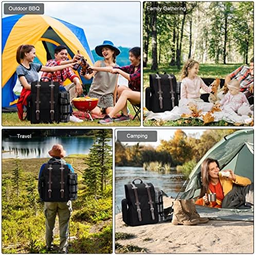 Пикник ранец за 4 лица со голема изолирана ладилна торба, пикник корпа поставена со торбичка за вино, водоотпорен пикник ќебе и прибор за јадење.