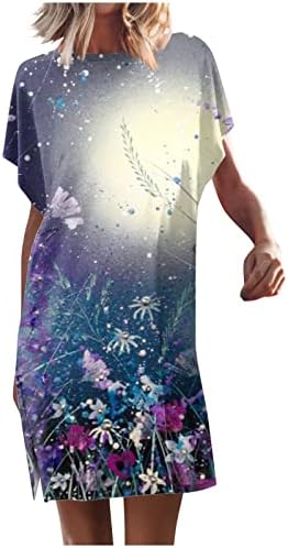 Летни фустани за жени 2023 година лабава разделена лилјак краток ракав лажичка за вратот на вратот Обични печатени фустани за плажа од плажа,