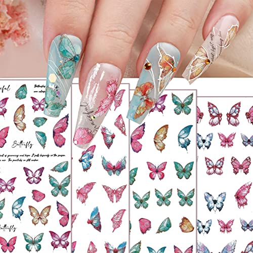 налепници на пролетта на пролетта пеперутка 4 чаршави Шарени пеперутки 3Д налепници за уметност за нокти само-лепете украси за нокти Womenените девојки додатоци за но